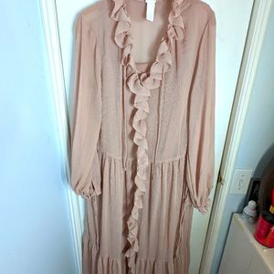 Ruffle trim maxi dress with self tie sleeves, rose pink, size Medium
